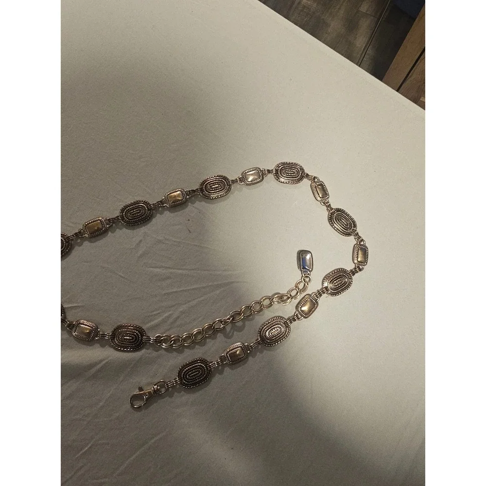 Silver Tone Chain Belt 42 Inch Adjustable Oval Link Medallion Boho